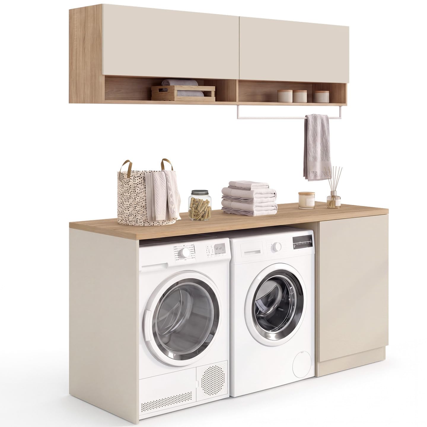 IDMarket – Mueble de lavandería, lavadora y secadora TOMI con encimera L. 180 cm y armarios Beige y Madera