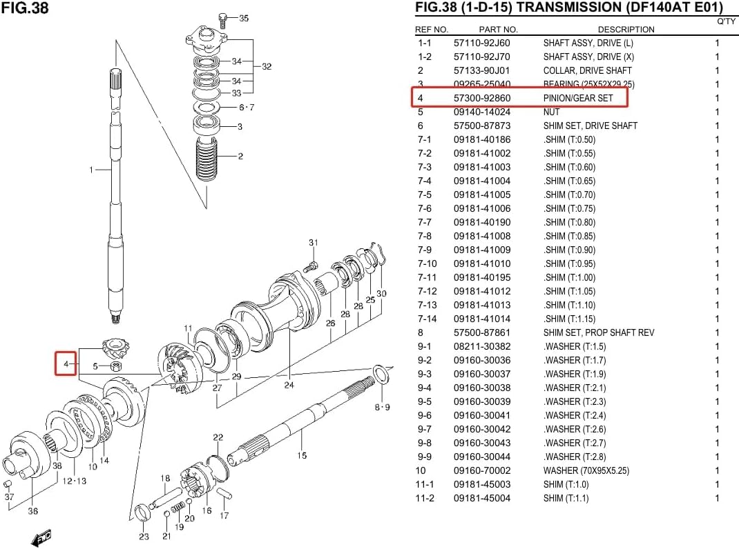 OVERSEE 57300-92862 Gear Kit For Suzuki Outboard 4T DF100 DF115 DF140 HP 57300-92860, metallochrome