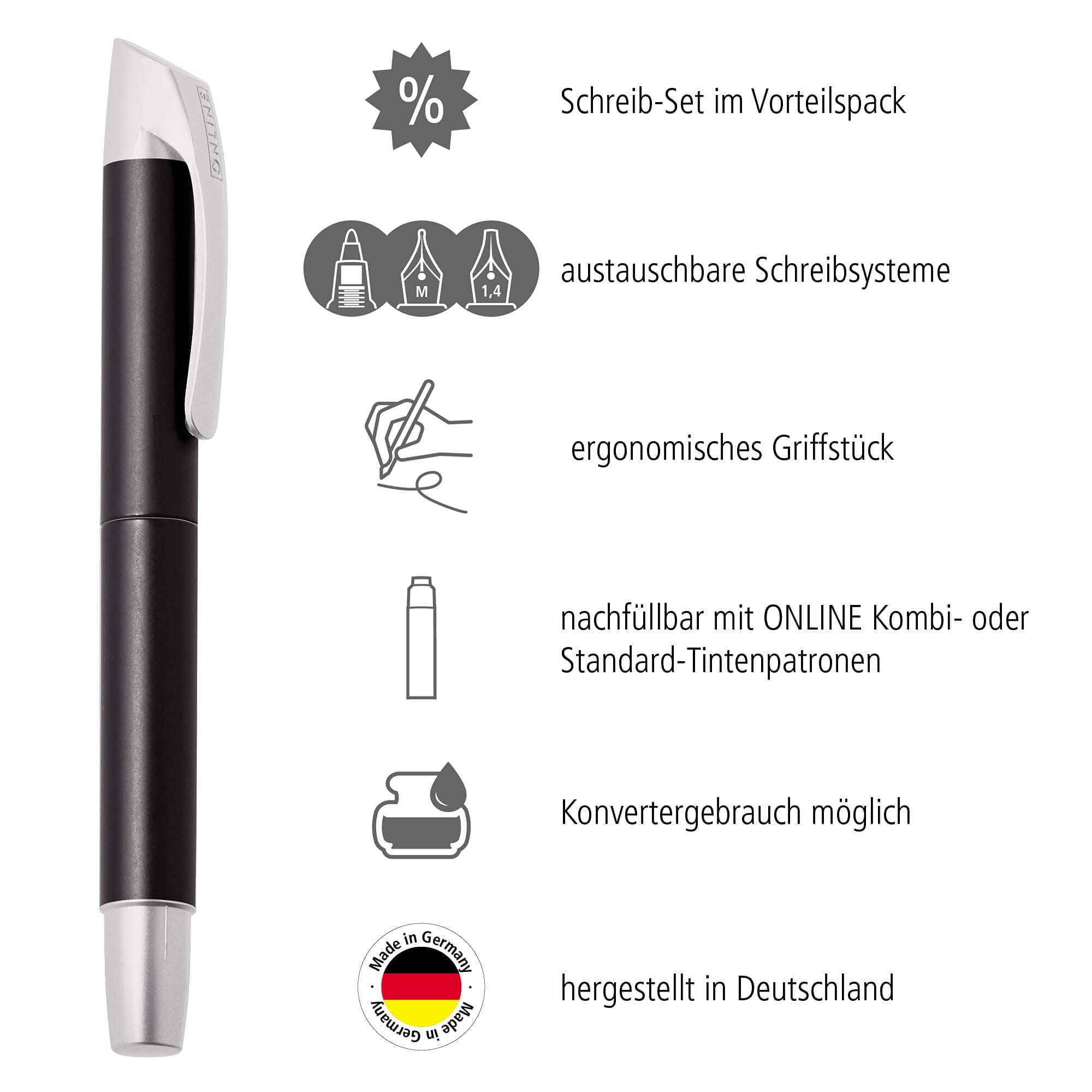 ONLINE Campus Schreibset – Ergonomischer Füller, Rollerball & Kalligrafie-Feder, Mit 3 Austauschbaren Griffstücken, Für Schüler & Schönschreiben
