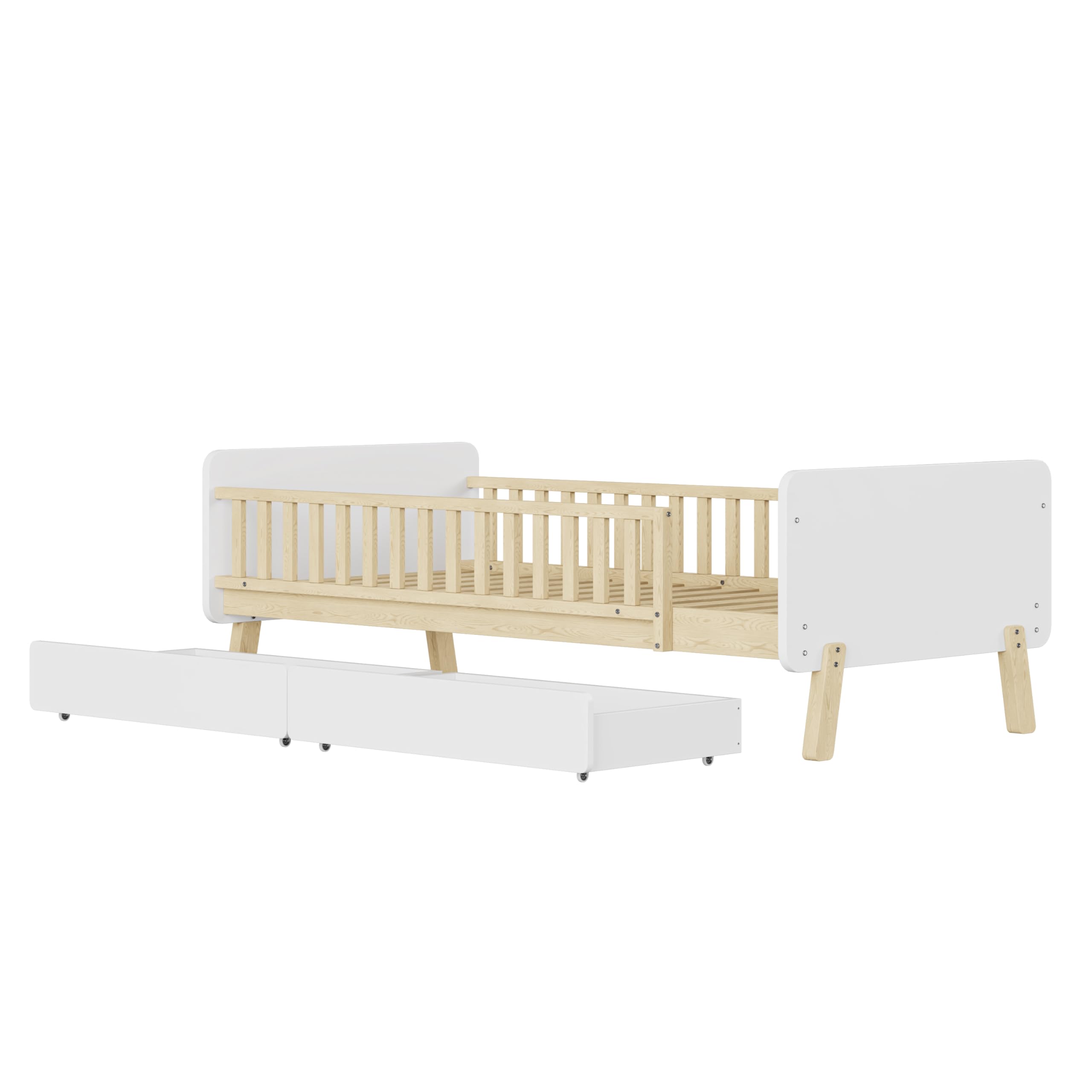 Lexiou Cama infantil 90 x 190 cm con 2 cajones, cama individual de madera maciza con somier (blanco)