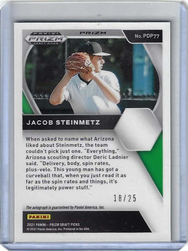 Jacob Steinmetz Autographed & Serial Numbered #18/25 Tiger Stripes Prizm Auto Short Print Collectible Baseball Card - 2021 Panini Draft Picks Prizm Baseball Card #PDP-77 (Diamonbacks)
