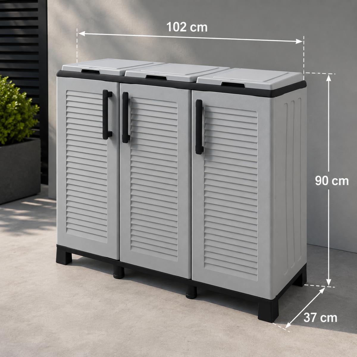 INTEC - Cache Poubelle Extérieur/Intérieur - Abri pour Poubelle de tri Selectif 3 Sacs Gris Dimensions 102 x 37 x 84 cm