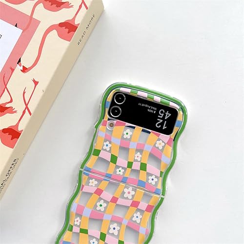 Miniatura 3 de Funda con marco de onda rizada para Samsung Galaxy Z Flip 3 con estampado de flores y cuadros, bonita funda para Galaxy Z Flip 3 con correa de