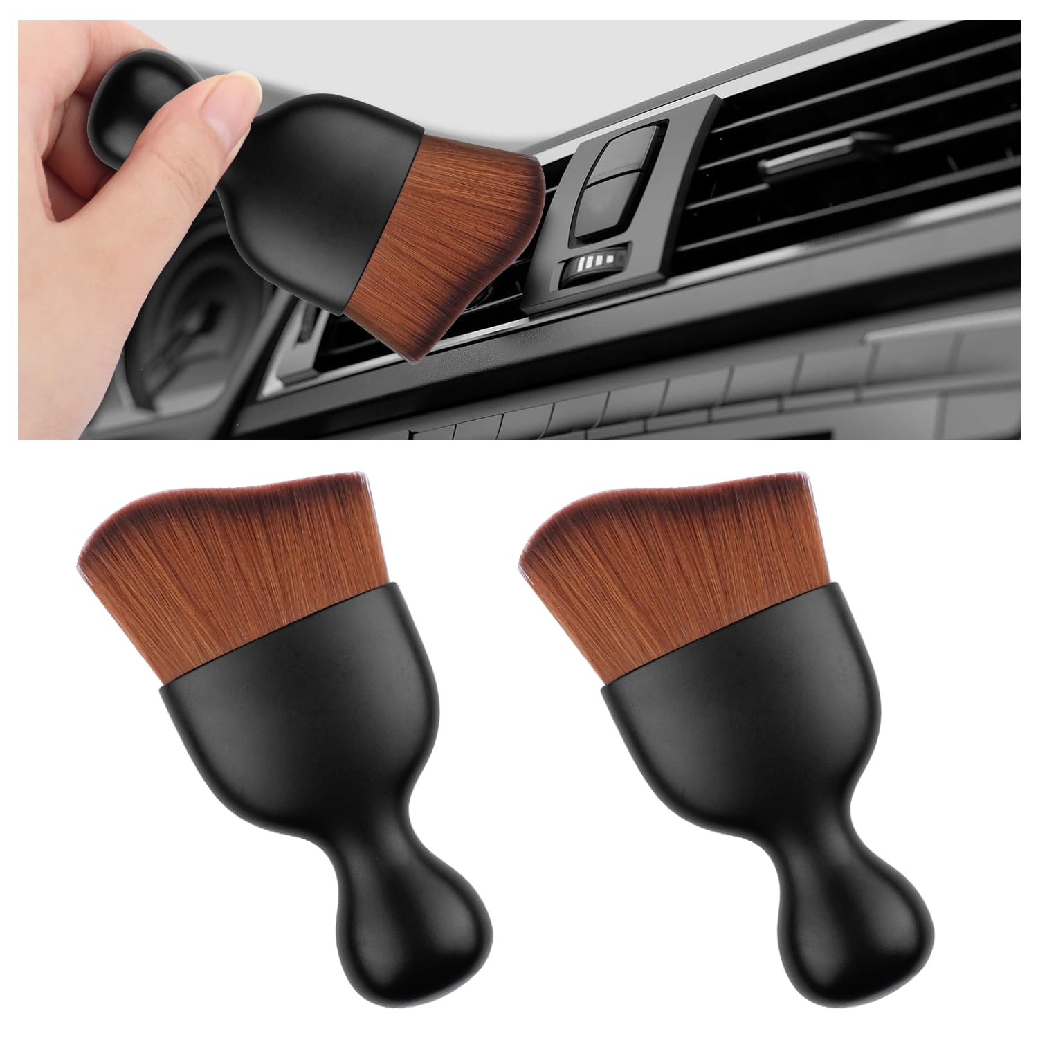 2PCS Colorful Car Dust Brush,Curved Bristles Car Interior Dust Sweeping Soft Brush,Universal Car Detailing Brush for Air Conditioning Vents,Dashboards,Car Interior&Exterior (Dark Brown)