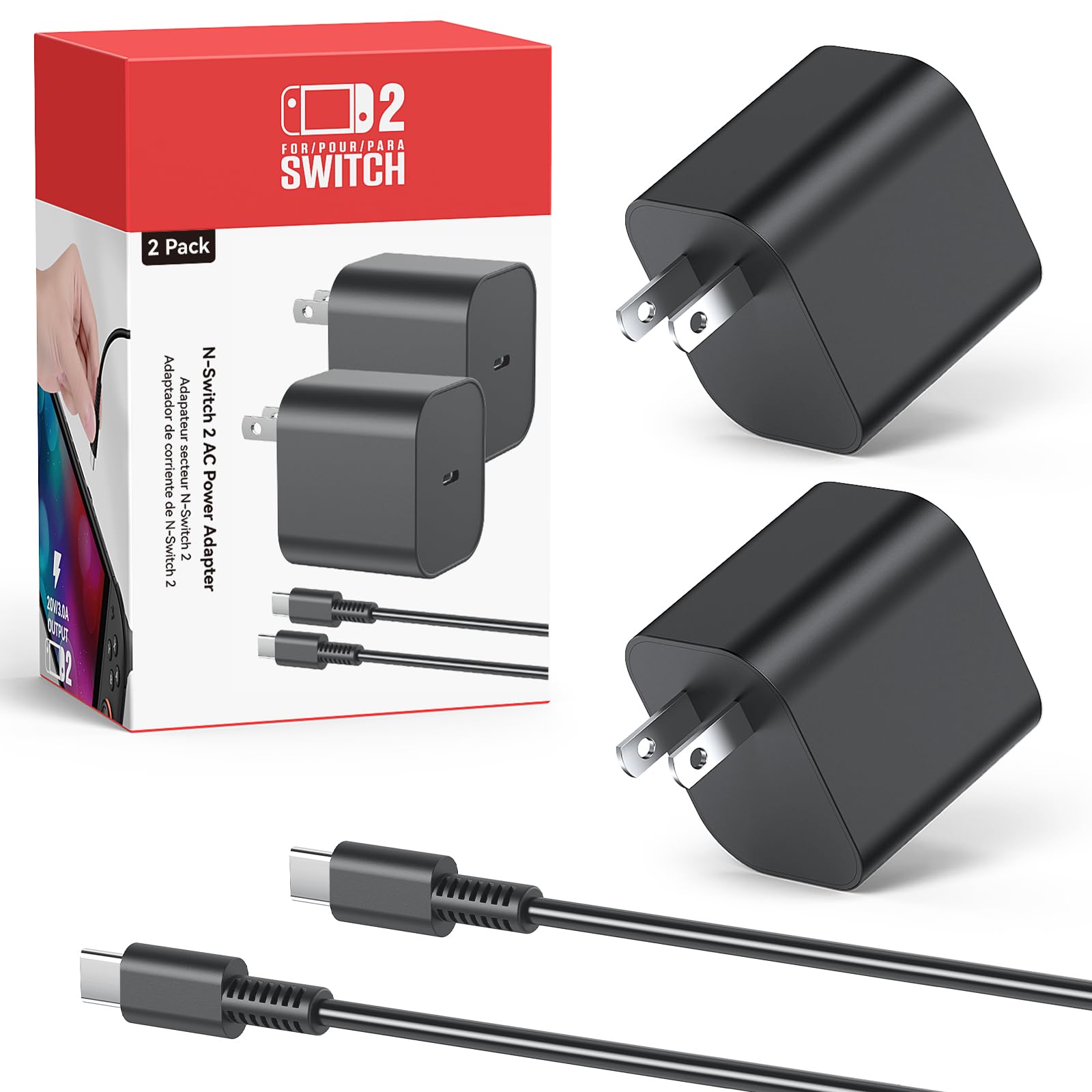 (2 Pack) Switch 2 Charger with 5FT/10FT USB-C Cables, 60W PD3.0 Fast Charger for Nintendo Switch 2/1/OLED/Lite/Steam Deck, 4K TV Dock Ready AC Adapter, Works with USB-C Devices – Compact &amp; Durable