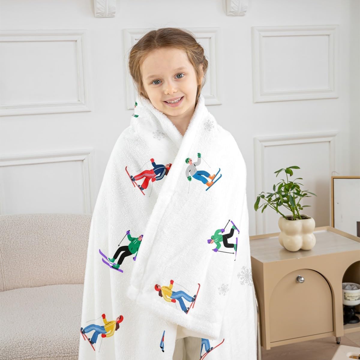 Winter Ski Sports Throw Blanket,Cartoon Skiing Skier Blankets,Snow Extreme Sports Fleece Blanket for Kids Boys Girls Teens Living Room,Colorful White Sherpa Blanket,for Chair/Sofa,60"×80"