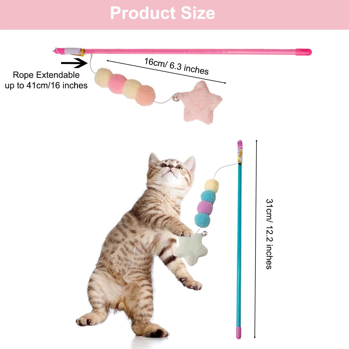 Cat Wand Toys,Interactive Play Stick with Elastic Rope Plush Pendant Toy for Small Kitten Cats Exercise,Set of 2 - Image 2