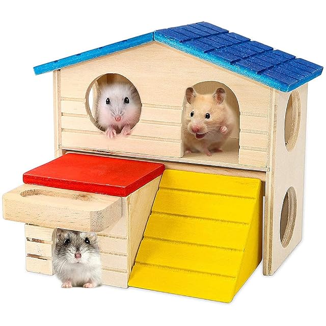 ANCLLO Mascotas de madera para animales pequeños Hideout Hamster House Deluxe dos capas Cabaña de madera