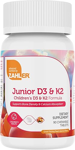 Zahler Junior D3 K2, vitamina D masticable con K2 para niños, vitamina D3 2000 UI y K2 para niños, Kosher, 90 tabletas masticables