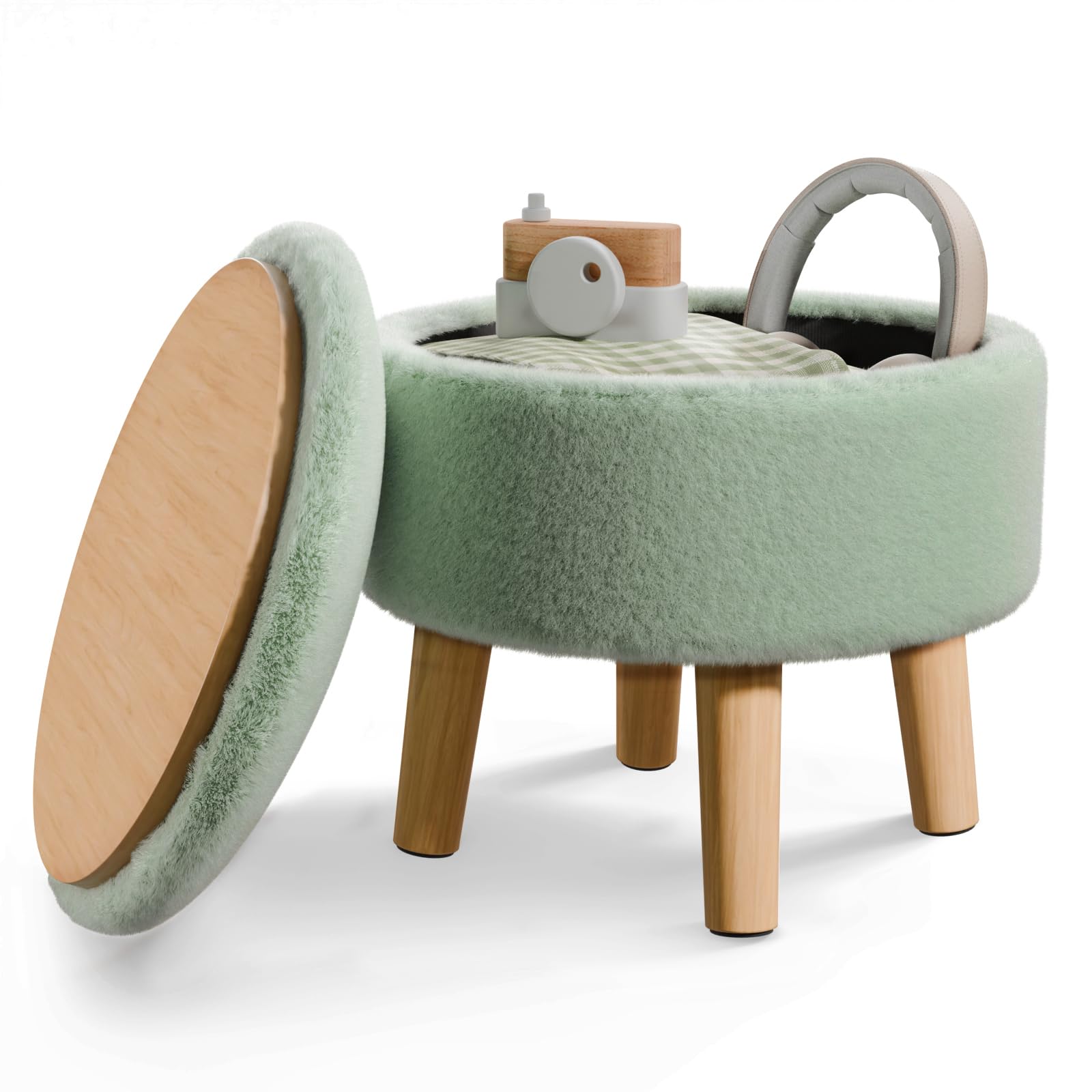 BRIAN & DANY Footstool with Storage, Small Storage Ottoman, Faux Fur Round Stool with Lid, Foot Stool with Legs for Living Room Entryway, Green