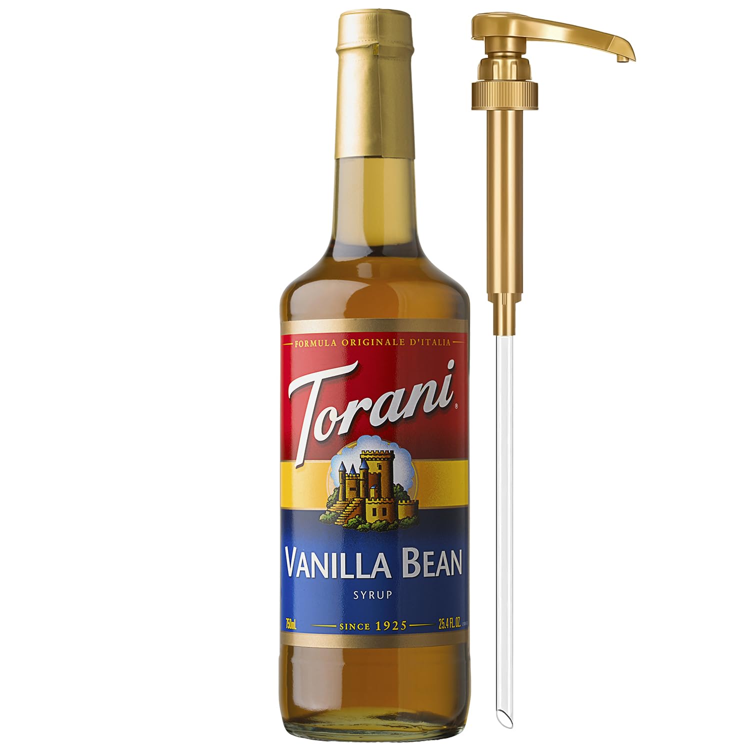 Torani Vanilla Bean Coffee Syrup for Drinks & Desserts, Glass Bottle with Pump Included, 25.4 Fl Oz