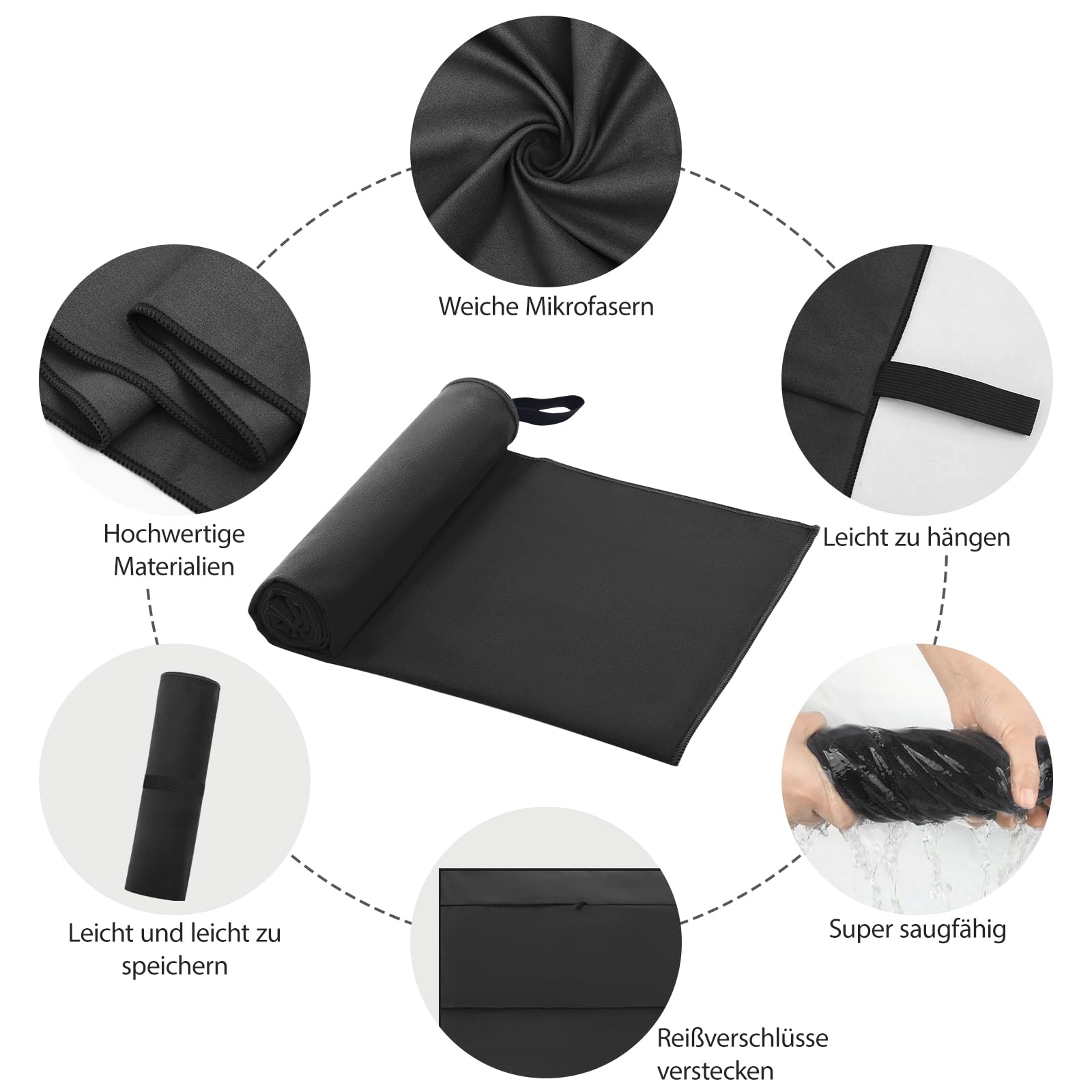 NYEEXUP Mikrofaser Fitness Handtuch 130x50 Cm – Schnelltrocknend Mit Reißverschlusstasche Und Befestigungsband