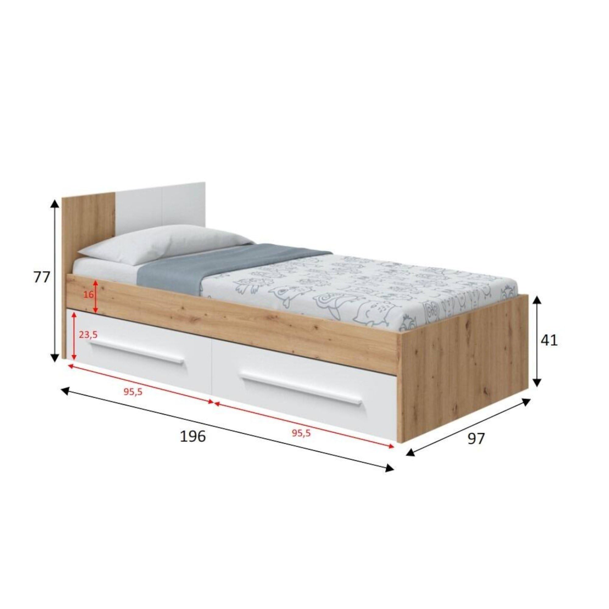 Dmora - Letto per bambini Anaheim, Letto singolo contenitore con testiera, Struttura letto 2 cassetti, 196x97h77 cm, Rovere nodi e Bianco