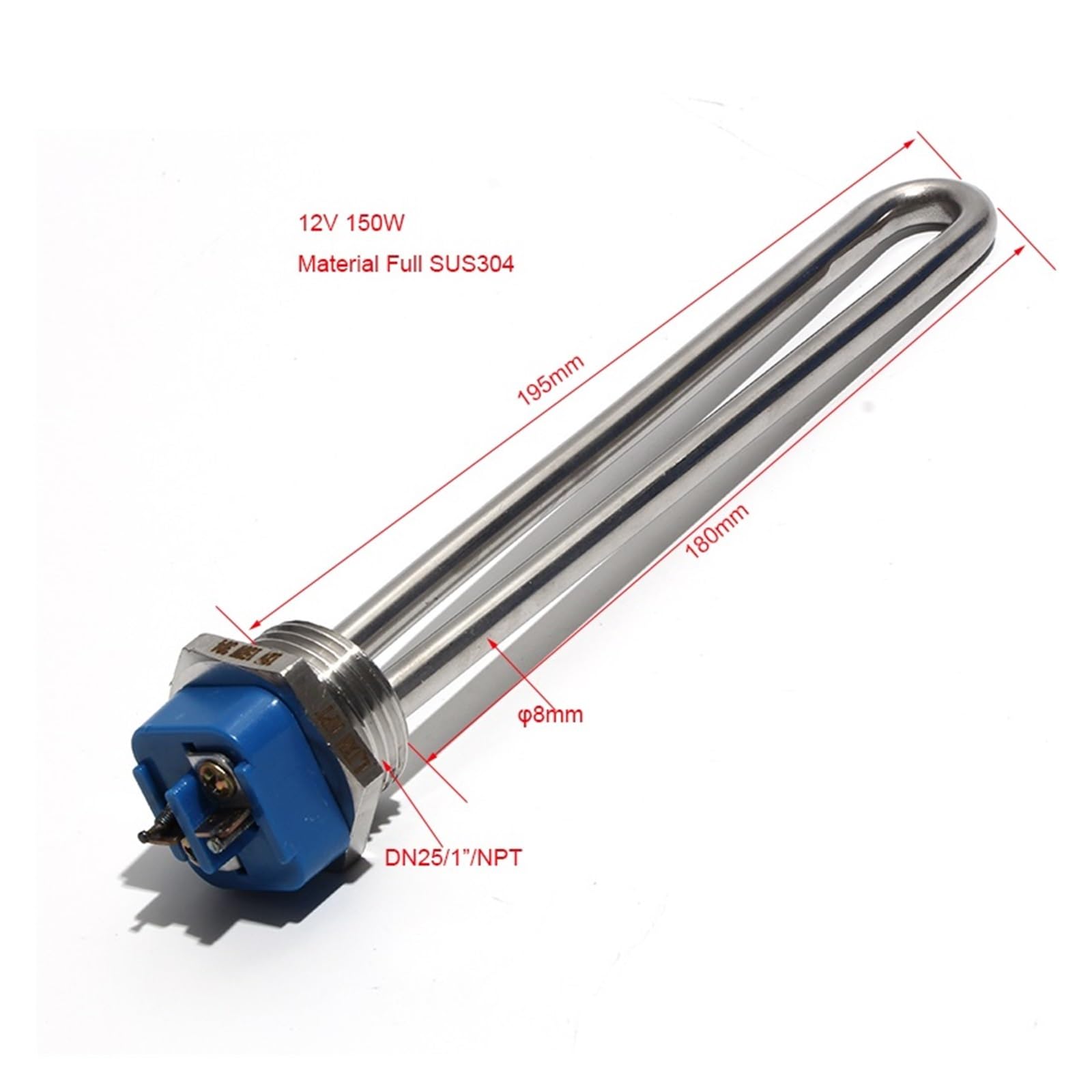 tianwandong Einschraub-Heizelement mit 1-Zoll-NPT-Gewinde, 12 V, 150 W, 120 V, 1 KW/2 KW, Tauch-Warmwasserbereiterelement, Edelstahlrohr, 1 Stück(12V 150W)