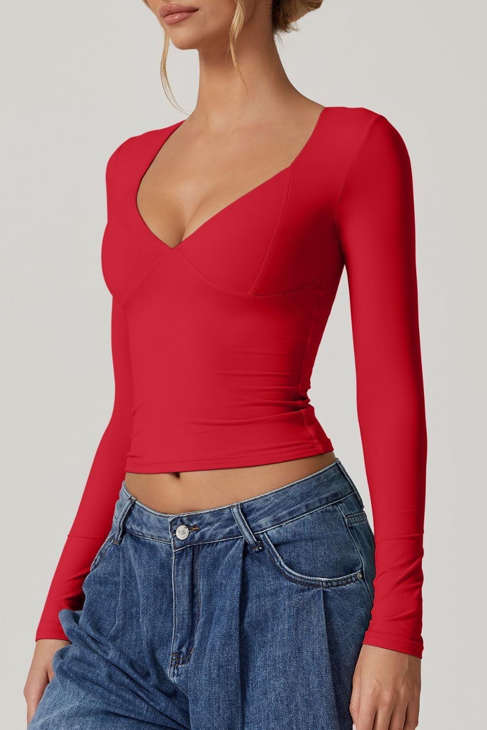 QINSEN Women's Long Sleeve V Neck T Shirts Double Lined Crop Top Seamed Cup Going Out Tops - Image 4