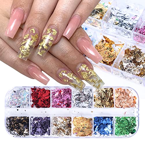 12 Color Holographic Nail Art Foil Flakes Glitter Nail Sequins Confetti Gold Silver Irregular Ultra-Thin Film Nail Designs Acrylic Nails Supplies For Women Girls Manicure Tips Charm Decorations #TOP2
