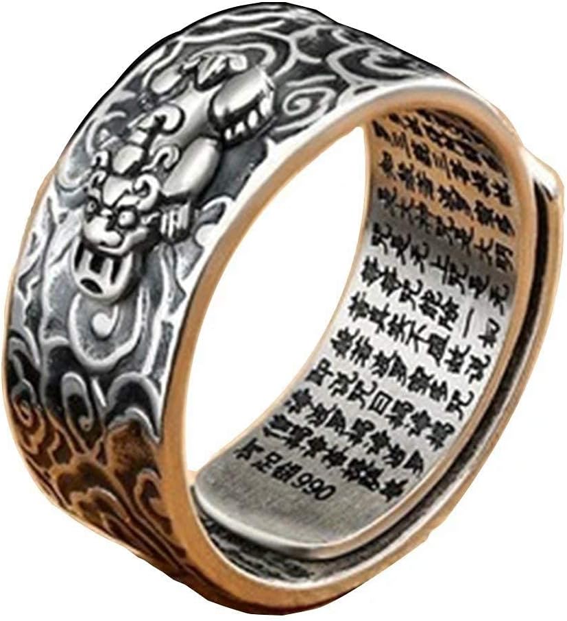 JAJAFOOK990 Silver FENG Shui Ancient Xiangyun PIXIU MANI Amulet Band Ring Lucky Wealth Buddhist Mantra Jewelry, Adjustable