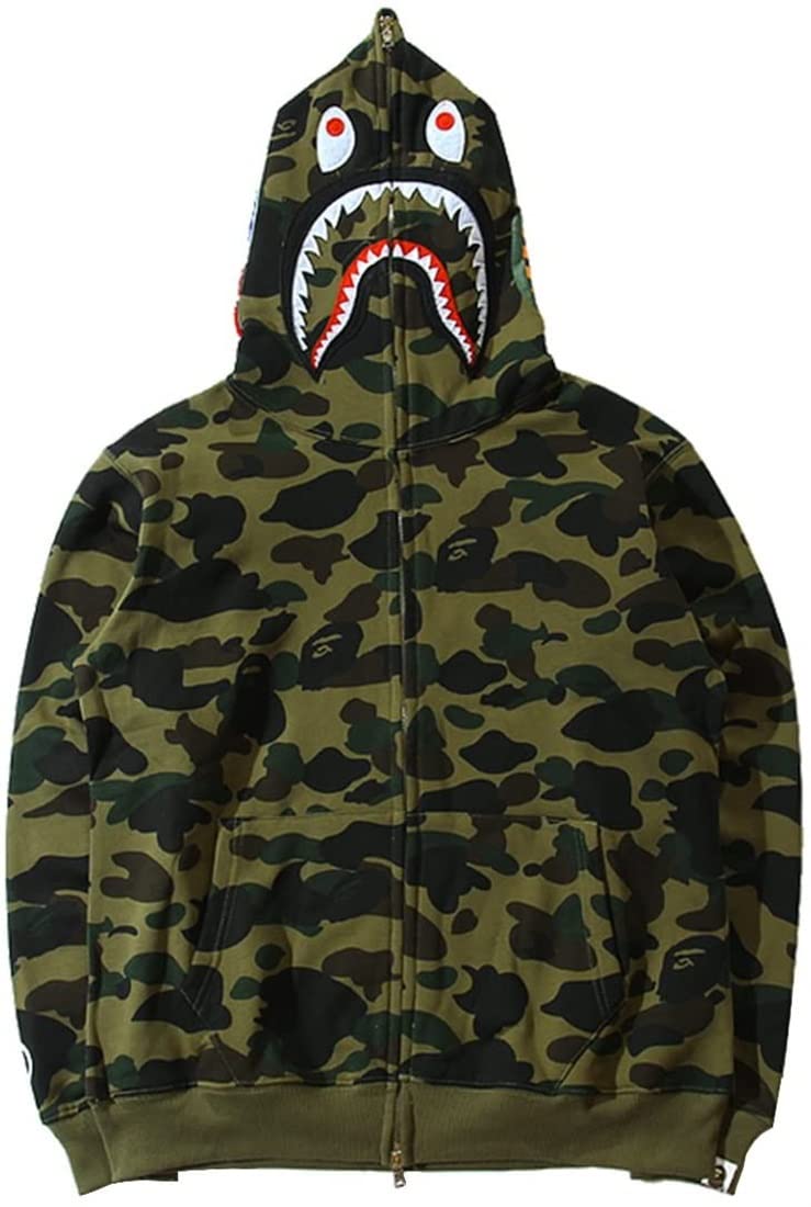 Niuvoo Unisex Green Shark Hoodie Men's Camo Shark Print Jacket Long Sleeve Sweatshirt Camouflage For Men Teen(Color:,Size:s)
