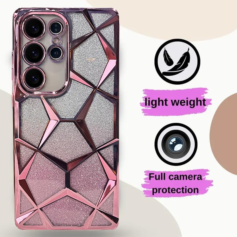 Image of VONZEE Gradient Glitter Case for Samsung S25 Ultra, Luxury Electroplated 3D Cube, Diamond Bling Shiny Soft TPU Clear Shockproof Women Girls Protective Phone Cover (Rose Gold)