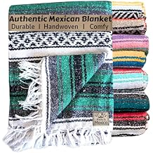 Del Mex Classic Mexican Blanket, Large Authentic Woven Falsa Throw 70"x50", Artisan Southwest Decor for Beach, Yoga, Outdoors Teal