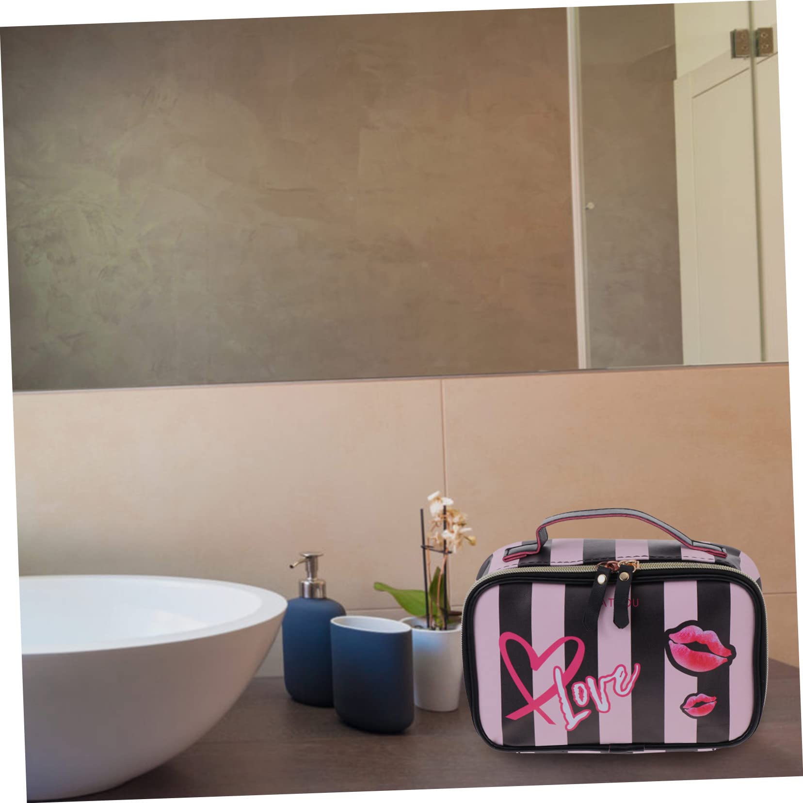 Didiseaon 3piezas Bolsa De Maquillaje De PU para Neceser Cosmético Portátil Diseño De Rayas Organizador De Artículos De Tocador para Mujeres