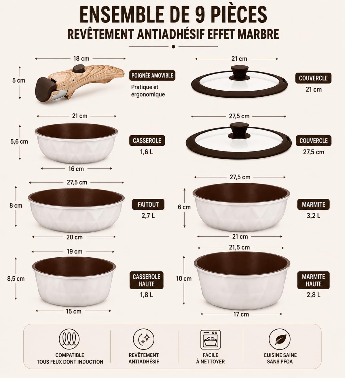 Royal Swiss® Batterie de Cuisine Induction 9 Pièces, Poignées Amovibles, Casseroles & Poêles Empilables, Revêtement Antiadhésif Sans PFAS, Couvercle Universel, Tous Feux, Beige