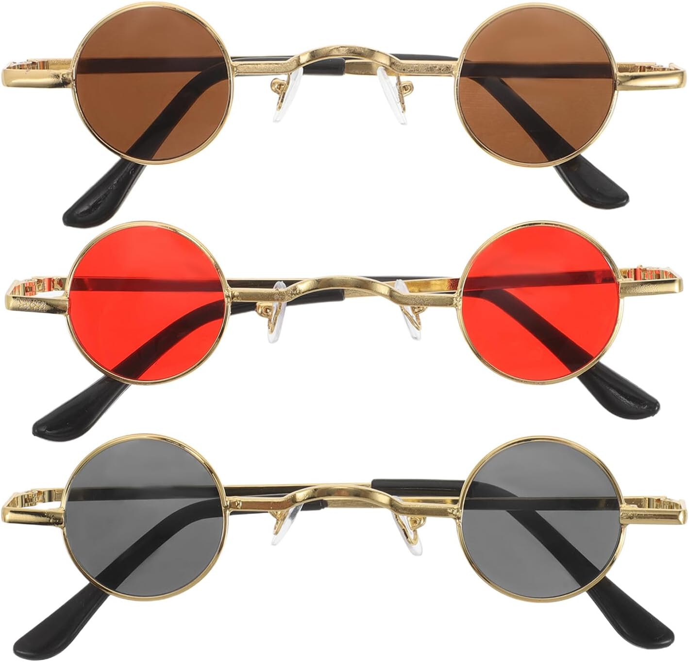 3pcs Steampunk Circle Sunglasses Set with Red, Gray, and Brown Lenses Classic Retro Style Eyewear for Women Men Hipster Outdoor Sun Protection