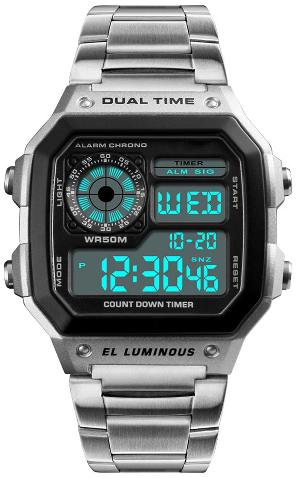 Fashion Sports Stainless Steel LED Digital Alarm Chronograph Waterproof Multifunction Men Quartz Watch