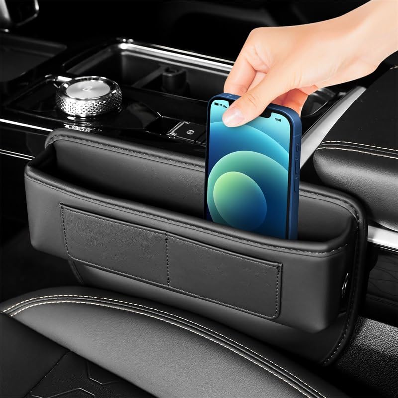 - STHIRA Car Organizer Car Seat Pocket Automobiles Organizer For Console PU Leather Front Seats Side Seam Car Accessories Interior Organizer Console Car Organizer For Phone, Glasses, Keys, Cards,Black