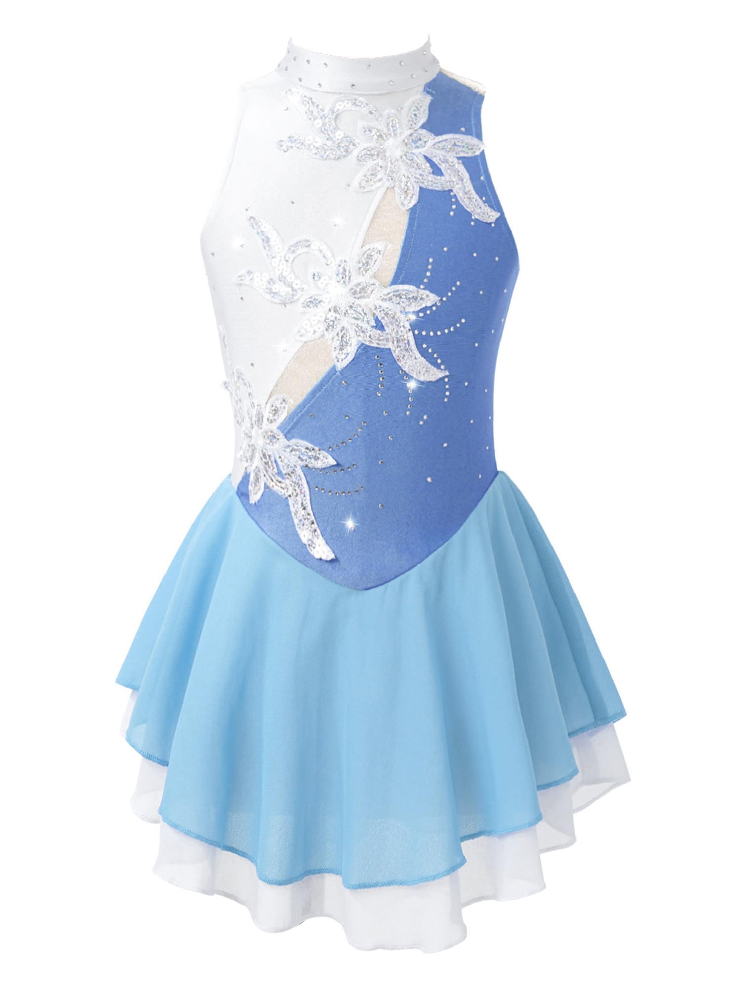 IEFIEL Vestido de Patinaje Artístico para Niña Maillot Ballet con Falda Malla de Gimnasia Rítmica sin Mangas con Lentejuelas Brillantes Vestido de Danza Lírica