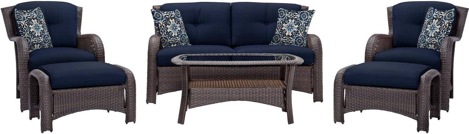 Hanover Strathmere Outdoor 6-Piece Conversation Set with Loveseat, 2 Chairs with Ottomans, Thick Navy Blue Cushions, Pillows and Glass Top Coffee Table, All-Weather Patio Conversation Set