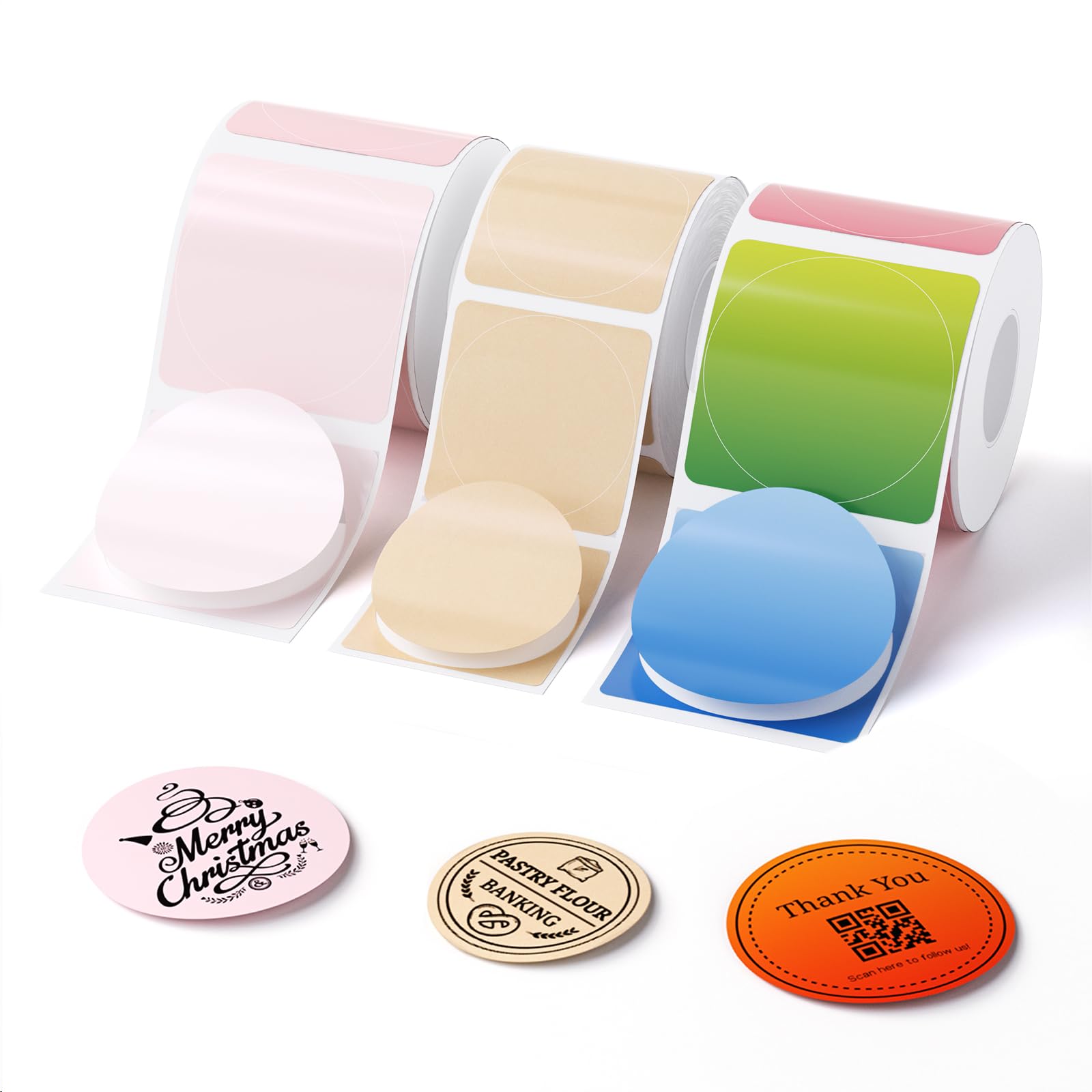 NIIMBOT 3 Roll Set Round Labels, 50x50mm Pink/ 41x41mm Kraft/ 50x50mm Misty