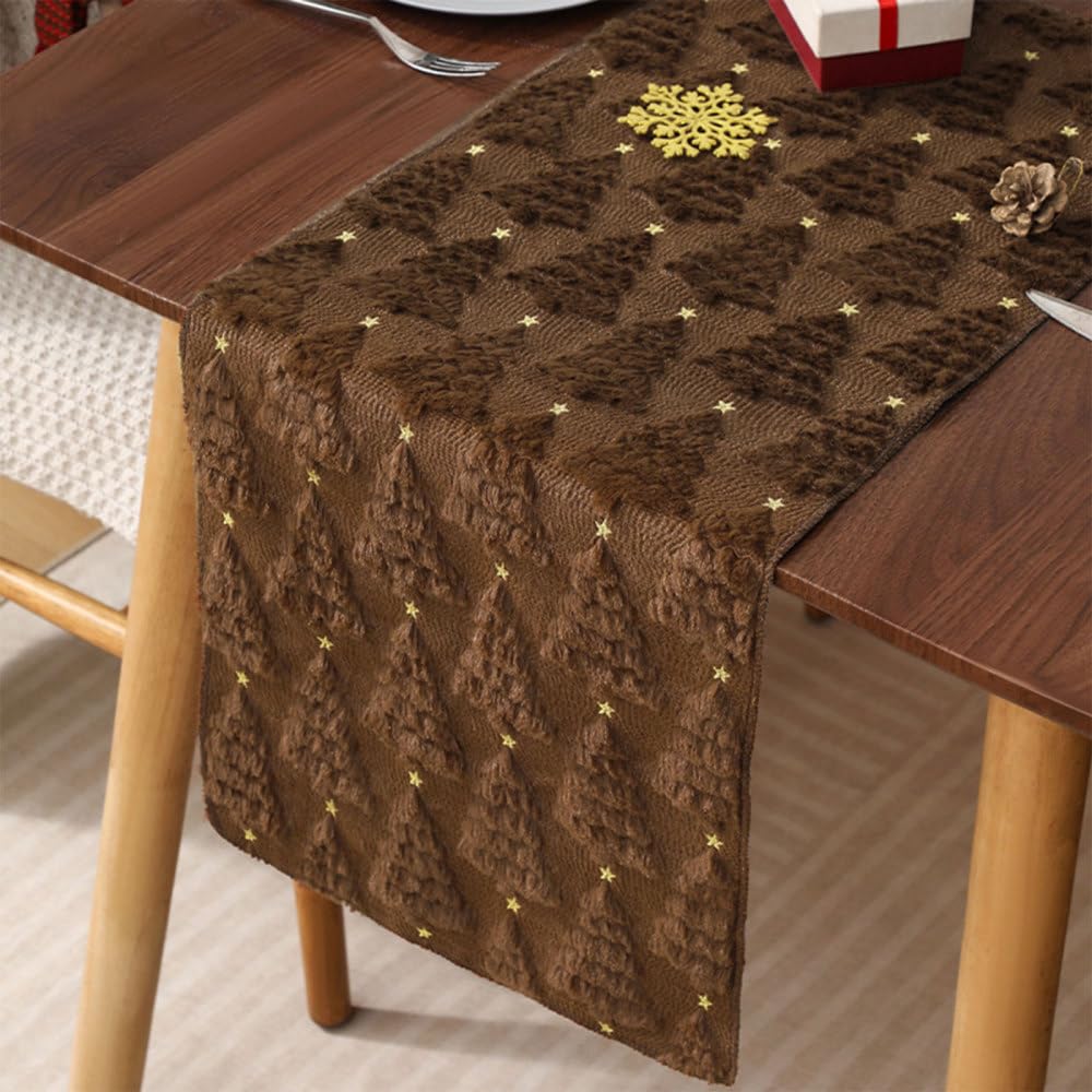 Mioyoow Dark Brown Christmas Table Runner, Plush Christmas Trees Tablecloth With Stars Dining Tabletop Decor For Home Kitchen Party（13*72"）