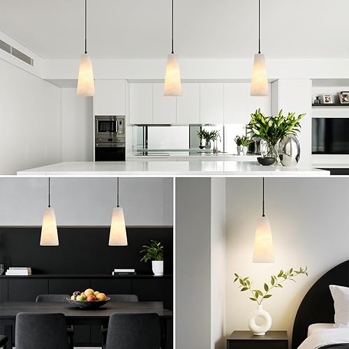 Miniatura 6 de Luces colgantes de alabastro natural, isla de cocina, pantalla cónica de mármol blanco, modernas lámparas de techo negras para dormitorio, comedor,