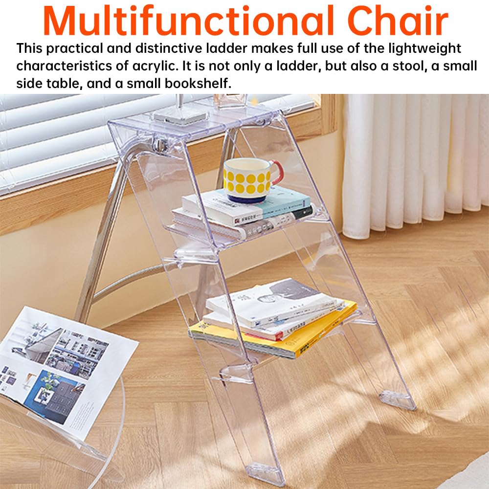 Scala A 3 Gradini In Acrilico Trasparente - Sgabello Pieghevole Antiscivolo Per Casa, Libreria E Cucina | Design Nordico Portatile