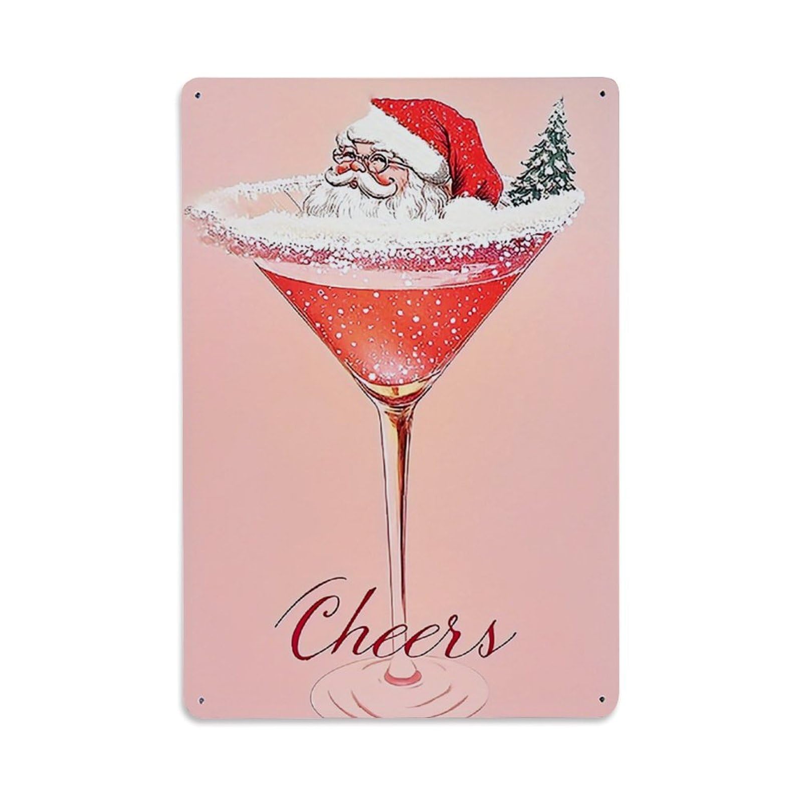Jdyaojiesheng Vintage Santa In Cocktail Glass With Tree Tin Sign Retro Metal Wall Decor Metal Poster, Home Bar Garage Farmhouse Cafe Wall Art Decoration 8X12inches