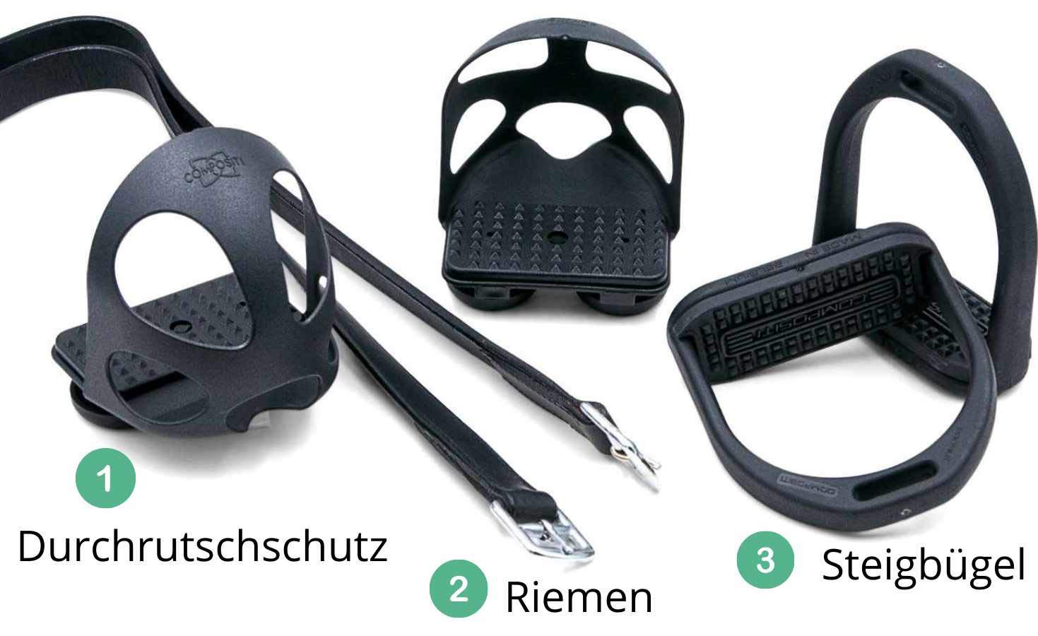 Compositi AMKA Sattelzubehör Set für Kinder mit Steigbügel, Riemen und Durchrutschschutz