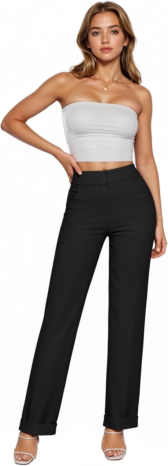 Hybrid & Company Womens High Waist Refined Straight Leg Fit Pants Business Casual Trousers with Pockets