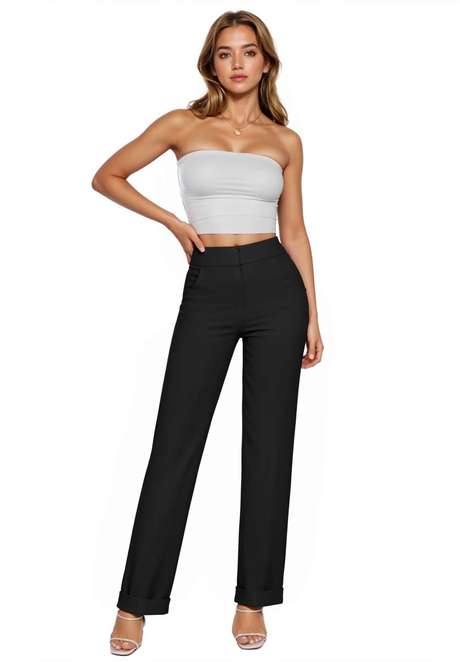 Hybrid & Company Women's Straight Leg Pants High waist design, straight leg fit, functional pockets, tailored silhouette, suitable for business, office, and casual wear