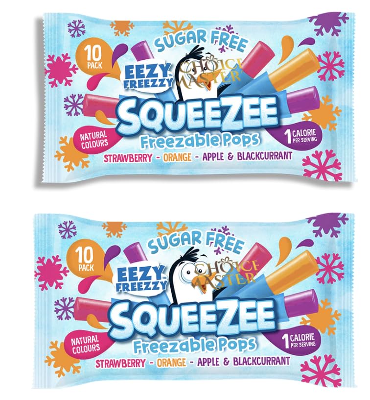 Sugar Free Squeezy Ice Lolly Pops 2 X (Pack of 10 X 50ml) Eezy Freezy - Strawberry Orange Apple & Blackcurrant Freezable Pop Lollies - Gluten Free Suitable For Vegetarians20 Total