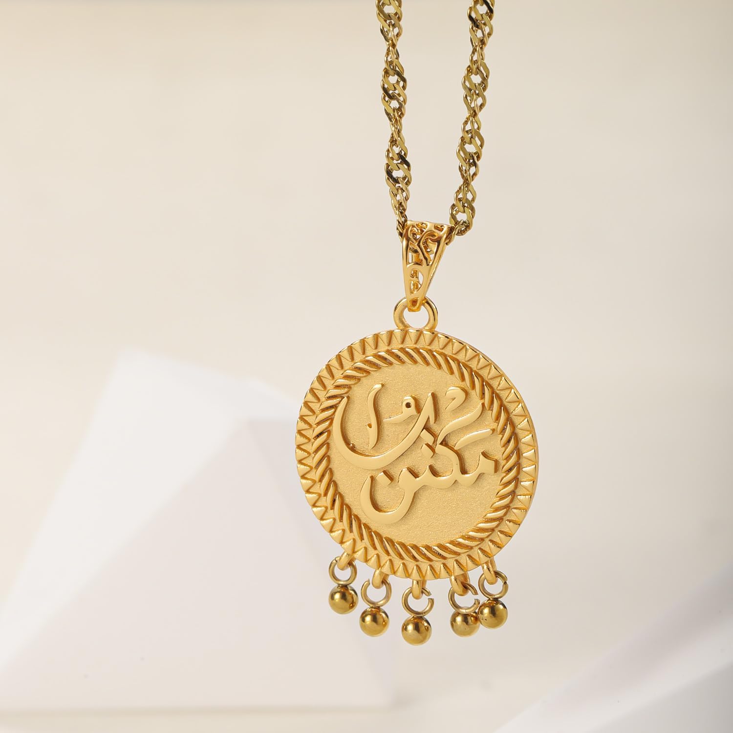 Maktub Coin Necklace Vintage Arabic Amulet Pendant Spiritual Jewelry for Men and Women Antique Gold Chain Handmade Destiny Talisman Retro Gift for Him or Her Boho Minimalist Style
