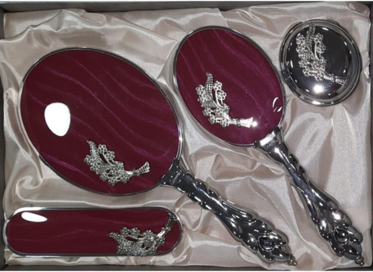 SODEF Bridal Dowry 4-Piece Mirror and Comb Set, Burgundy Color, One Size, refined Design for Special Occasions, Essential Wedding Accessory