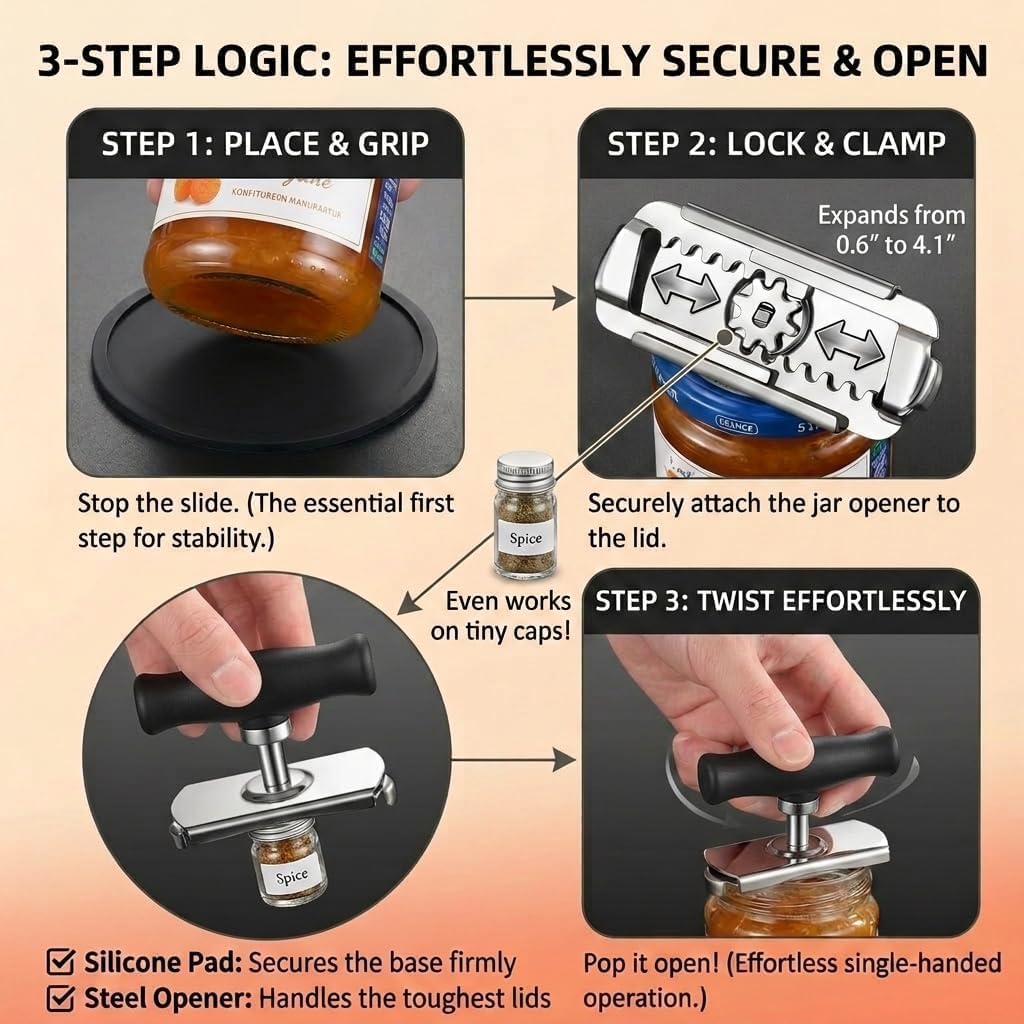 Adjustable Jar Opener for Weak Hands and Seniors, Multi-Functional Lid Opener Set with Non-Slip Silicone Pad, Easy Grip Bottle Opener for Arthritis, Stuck Jars & Bottles (Black, 2Pcs Set)