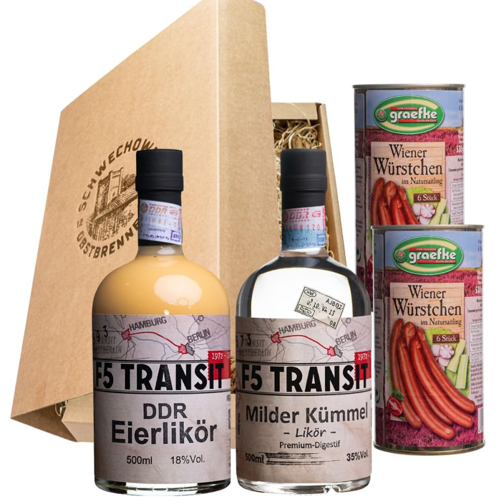 Schnapsgeschenk Nr. 15236 | DDR Eierlikör Original 0.5l (18% Vol) + Milder Kümmel Likör 0.5l (35% Vol) + 2 x Wiener Würstchen in Dose | Schwechower Brennerei (1229)