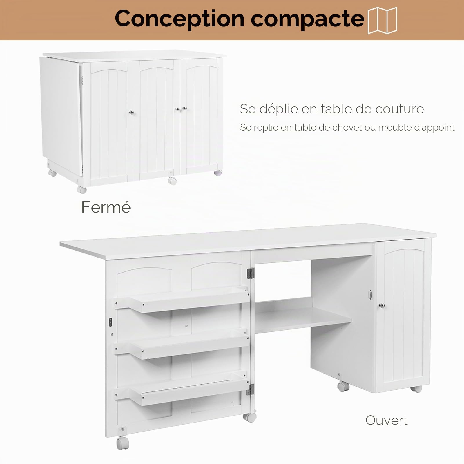 LIFEZEAL Armoire de Couture Pliable 3 en 1, Table pour Machine à Coudre Peu Encombrante, Bureau de Repassage 6 Roues, 3 Étagères, Large Étage, 158,5 x 50 x 74 cm (Blanc, L)