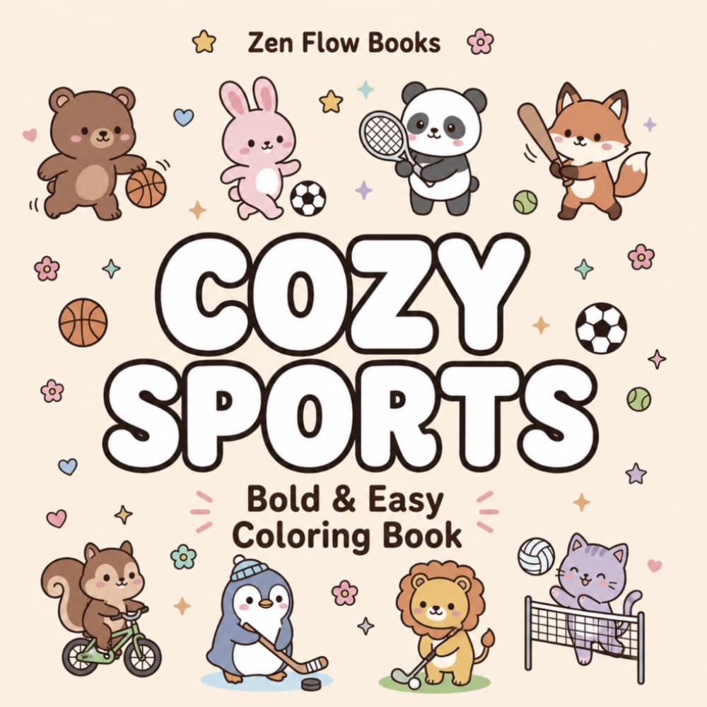 BOLD & EASY ANIMAL SPORTS Coloring Book: Cute Kawaii Animals Playing Sports | Cozy and Relaxing Bold & Easy Coloring Pages for Adults and Teens