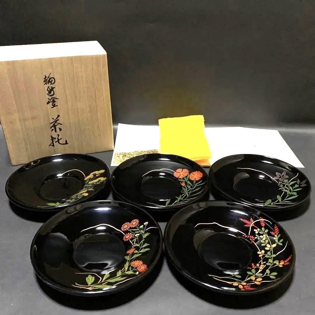 輪島塗　漆器　童蒔絵　茶托　5枚セット 輪島塗 茶托5枚 天然木 加藤正 蒔絵師 二代目 金蒲(高橋朝也