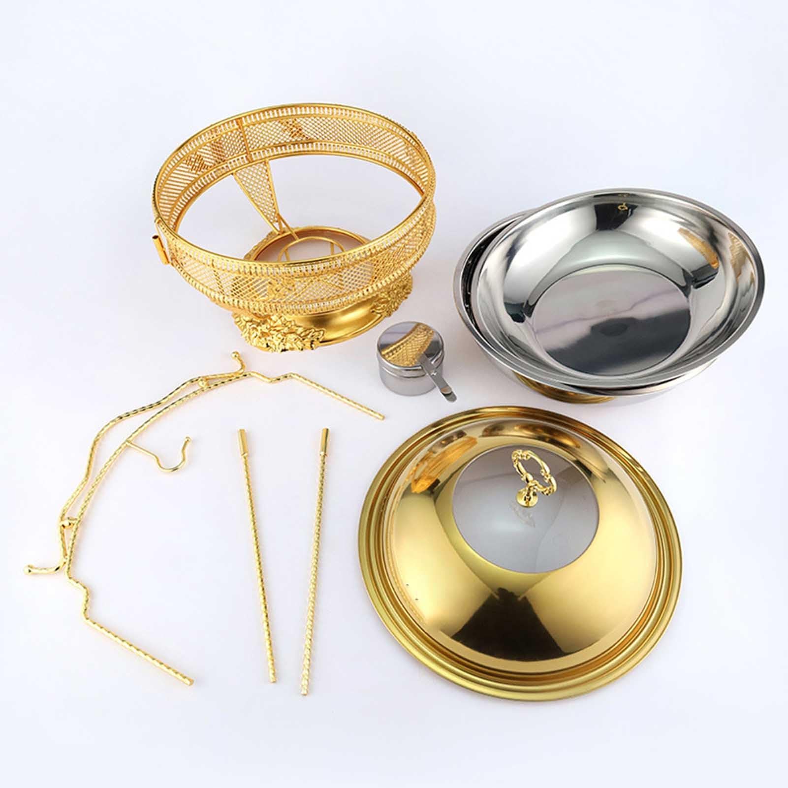 Juego de platos de roce, calentadores redondos de acero inoxidable para fiestas, elegante acabado dorado, ideal para catering y eventos, incluye 3 fundas abatibles, duraderas y fáciles de limpiar