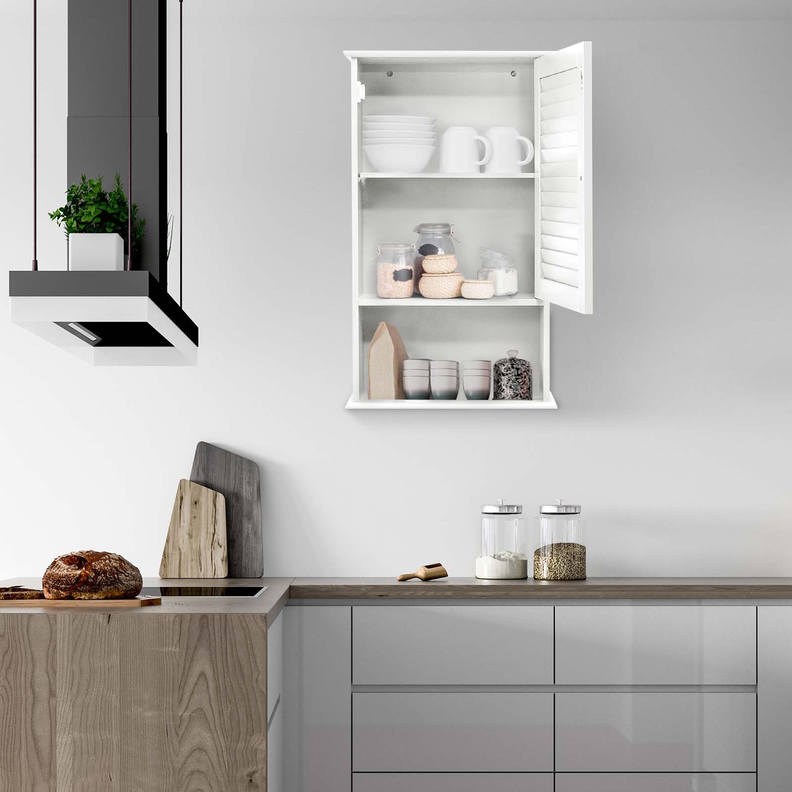 LIFEZEAL Pensile Bagno, in Legno, Mobiletto Bagno Salvaspazio, 42x17x70 cm, Pensile con Ante a Persiana e Mensola Aperta, Armadietto Sospeso con Ripiano Regolabile, Mobile da Muro per Cucina (bianco)