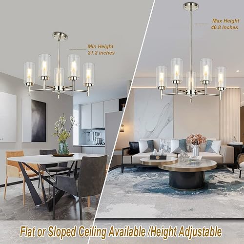 Miniatura 3 de Candelabro moderno de 5 luces con pantallas de vidrio transparente, lámparas contemporáneas para comedor, sala de estar, dormitorio, níquel cepillado